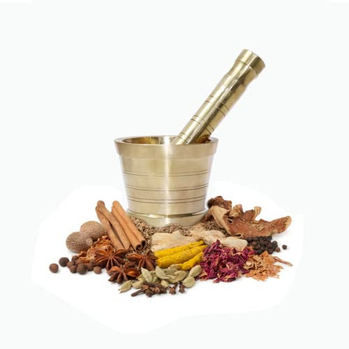 LAKSHMI'S EAGLE Latón Mortero Maja Hamam Dasta Utensilios de cocina Hierba Jengibre Trituradora Molinillo de especias Tazón Molcajete Herramientas de cocina Mortero y Maja Juego de 2 piezas