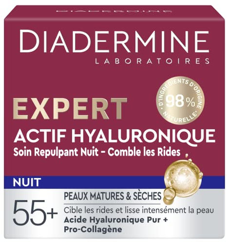 Diadermine - Expert Nachtcreme – Aufpolsternde Pflege mit Hyaluronsäure – zielt auf Falten ab – polstert die Haut auf – reife und trockene Haut – 98% Inhaltsstoffe natürlichen Ursprungs – 50 ml