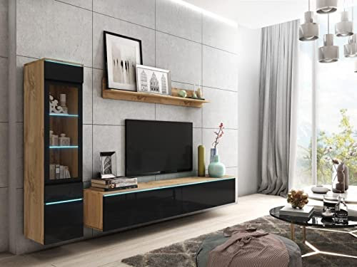 MINIO go for it - Wohnwand 3-Teilig Set Veve 1 I Hängend oder Stehend I Hochschrank-Vitrine I Lowboard I Wandboard I Laminierte Spannplatte I Wotan Eiche und Schwarz Gloss - LED Beleuchtung