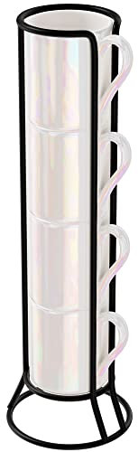 American Atelier Ceramic Mini Espresso Cups Set of 4, 3oz - Stackable Tiny Mugs for Small Shots of Coffee with Metal Stand - Use Demitasse Espresso Mug Racks for Any Kitchen or Café (Pearlized)