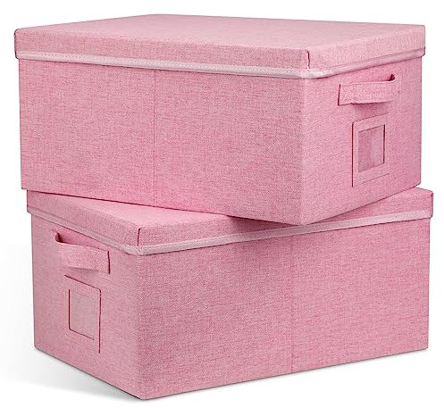 Graciadeco 22.8qt Closet Storage Boxes with Lids Pink Folding Keepsake Storage Bins Stackable Flat Lidded Carboard Storage Contaner for Clothes Barbie Shoes, 2 Pack
