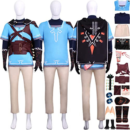 Tjmiaohao Game Tears of the Kingdom Link Cosplay Kostüm Outfit Blau Uniform Cape Full Set Halloween Karneval Party Dress Up Anzug mit Ohrringen Falsches Ohr für Männer Jungen (M)