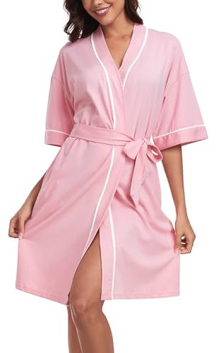 COLORFULLEAF Morgenmantel Damen Kurz Leicht 1/2 Ärmeln Bademantel Damen Dünn Kimono Saunamantel mit Taschen(Rosa,S)