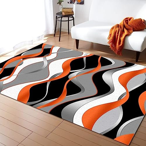 Abstrakte Orange Graue Moderne Wellenlinie Teppiche Gegend, Graue Geometrie Schwarze Streifen Schlafzimmer Kurzflor für Wohnzimmer, Schlafzimmer, Esszimmer Badezimmer Küche Flur Läufer 140 x 200cm