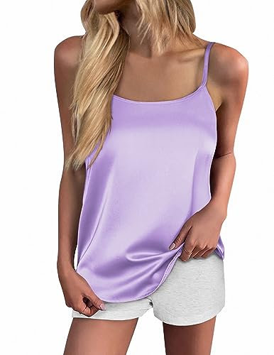 Ekouaer Seiden-Mieder für Damen, Spaghettiträger-Tanktop, Satin-Cami-Top, Rundhalsausschnitt, seidiges Camis-Hemd, Basic-Shirts, Größe XXL, Flieder, Mittel