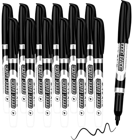 YUNAI Black Whiteboard Pens, 12PCS White board Markers Erasable Set Low Odor, Thin Fine Tip Dry Wipe Pens for Whiteboard School Office Classroom Teacher Family Supplies