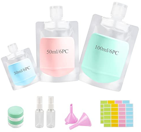 Mulaibdin 18 Stück Reiseflaschen zum Befüllen, Reiseflaschen Set Leicht 30/50/100ml, Travel Bottles for Toiletries, Reise Gadgets, Nachfüllbare Leere Quetschbeutel für Shampoo,Duschgel,Creme