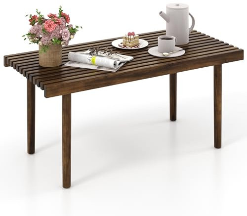 SFAREST Solid Wood Coffee Table, Outdoor Side Table with Slatted Tabletop, Rectangle Center Tea Table for Bistro Poolside Backyard Porch Balcony