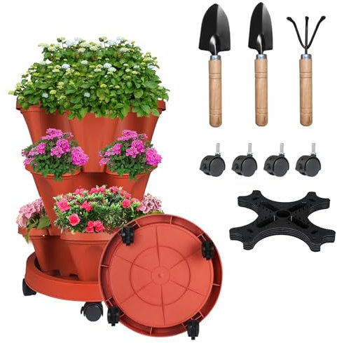Jardinière verticale empilable à 3 étages avec outils de déplacement pour fleurs, légumes et plantes grasses, rouge argile
