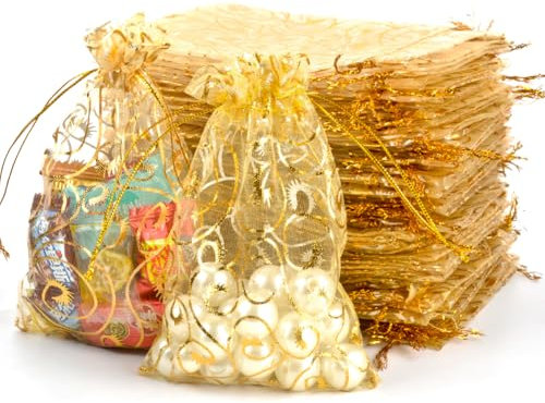 100 Stück 15×20cm Organzasäckchen Gold Muste,Kleine Säckchen zum Befüllen, für Hochzeit Geschenktüten,Geburtstagstüten,Weihnachten Geschenkverpackung,Süßigkeiten Tüten