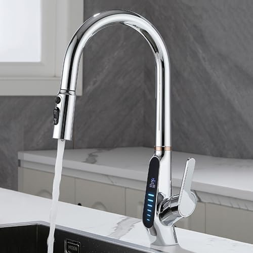 ITETONE Rubinetti da Cucina a 3 Vie Miscelatore per lavello con Filtro Estraibile Miscelatori da Cucina a Collo di Cigno cromati con doccetta Estraibile Rubinetto a 3 Vie con Display