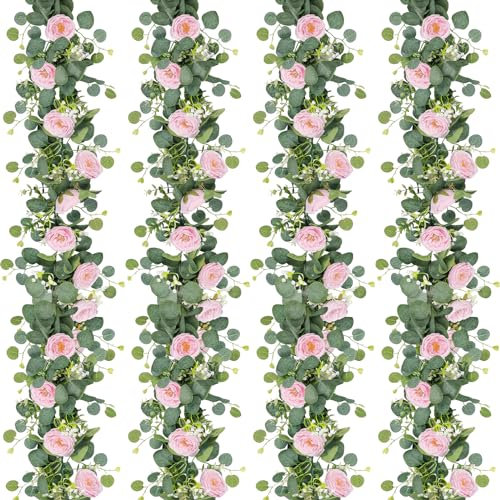 UXORSN Künstliche Eukalyptus-Blumengirlande mit rosa Rosen, Kunstpflanzen, Seide, Blumengirlande, Schleierkraut, Efeu-Ranken für Hochzeit, Dekoration, Zuhause, Party, Tischläufer, Dekoration, 6,2 m, 4
