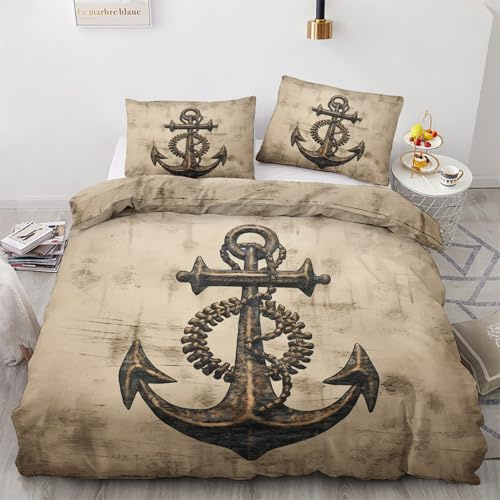 zcwl Nautischer Anker Bettwäsche 135x200, Küstenländisch Rustikal Bettbezug Set 2 teilig, Weiche Kuschelige Mikrofaser Bettwäsche-Sets, Wendebettwäsche und 1 Kissenbezug 80x80 mit Reißverschluss