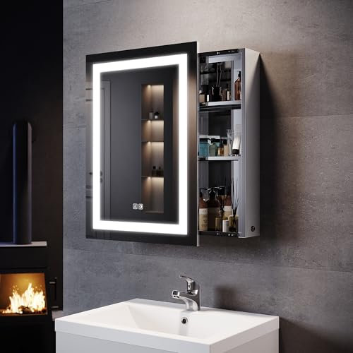SONNI Spiegelschrank mit Beleuchtung 50 x 70 cm, Schiebetür beschlagfreier Badspiegelschrank mit Rasiersteckdose in 3 Schaltmodi Badspiegelschrank