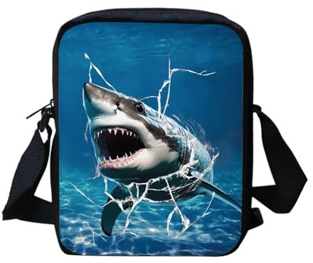 Biyejit Damen Herren Kuriertasche Kinder Crossbody Umhängetasche mit Reißverschluss Tragbare Geldbörse Münztasche für Handy Reisepass, hai