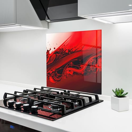 ARTHUB® Glass Kitchen Splashback 60x60 cm, Tempered Glass 4mm | Heat Resistant, Stove Splash Guard, Wall Protector, Abstract, Smooth Red Color