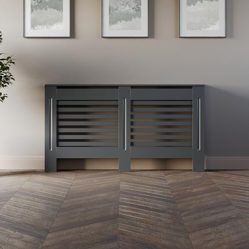 DuraTherm® Radiator Cover Anthracite Grey Painted Modern Horizontal Slat Shelves MDF Cabinet Shelf for Radiators, Living Rooms, Bedrooms, Large (W: 152cm / H: 81.5cm / D: 19cm)