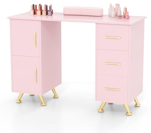 GOPLUS Table Manucure Professionnelle, 2 en 1 Bureau et Table Ongulaire, avec Repose-Poignet, 8 Pieds en Métal, 3 Tiroirs, 2 Armoires, Station de Travail en Bois, pour Salon de Beauté (Rose)