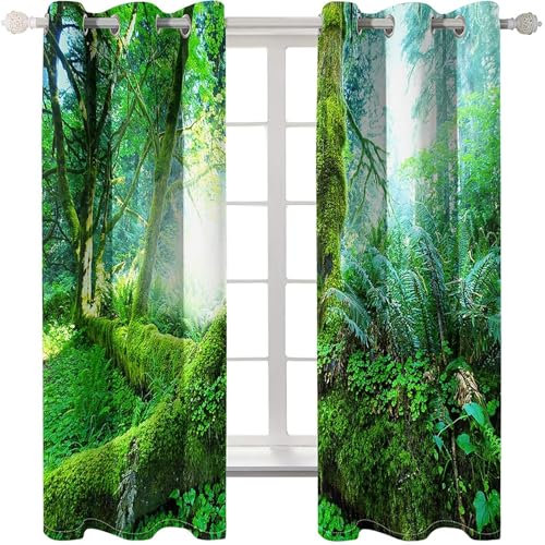 Homxi Blickdicht Gardinen 2er Set,2 x 214W x 244H cm,Gardinen mit Ösen Wald und Sonnenscheinlandschaft Gardine Vorhang Grün für Wohnzimmer