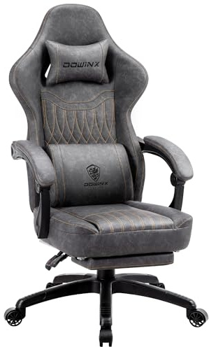 Dowinx Gaming Stuhl mit Frühling Kissen,Racing Gamer Stuhl mit Lendenwirbelstütze, Ergonomischer Gaming Sessel mit Fußstütze Bürostuhl PU Leder Grau