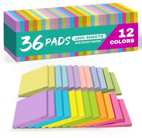 Sticky Notes, 36 Pads, 3x3 Inches Self-Stick Note Pads, Perfect for Office, Study, and Daily Life Organization - Bright
