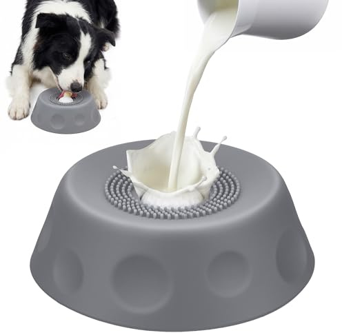 Homgaty Antischlingnapf Hunde für Flüssige Leckerbissen, Silikon Leckspielzeug Hund, Lick Bowl Für Hunde mit Integrierter Drehkugel, Hundespielzeug Leckball Für Langsames Fressen (Grau)