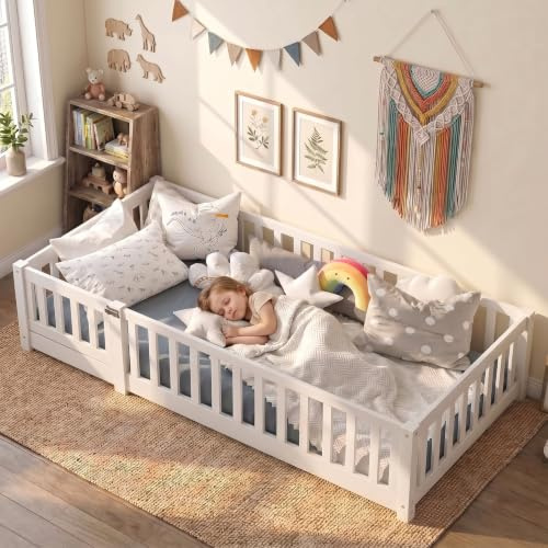 Montessori Golvläge för barn 90x200 cm i massivt furuträ, Hyttsäng med lattenmadrass, Enkelsäng 90x200 cm, Montessori Golvläge för barn i massivt furuträ, för pojkar och flickor, Vit
