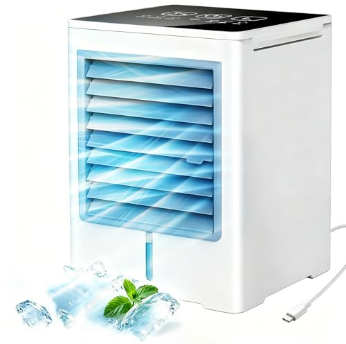 Condizionatore Portatile 3 in 1, USB Silenzioso Raffrescatore d'Aria Ad Acqua 470ML, 3 Velocità, Aria Condizionata mit Timer, Schermo Touch, Climatizzatore Portatile senza Tubo per Camera Ufficio Casa