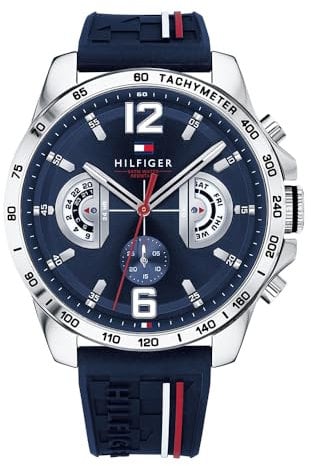 Tommy Hilfiger Herren 46mm Analoge Multifunktions-Quarz-Uhr - Marineblaues Zifferblatt und Marineblaues Silikonarmband, 3 Hilfszifferblätter, Wasserdicht bis 5ATM - 1791476