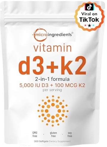 Micro Ingredients Vitamin D3 5,000 IU + K2 MK-7 100 mcg, 300 Softgels | 2-in-1 Vitamins D & K Complex | Extra Strength, Easy to Swallow, Non-GMO, Gluten Free