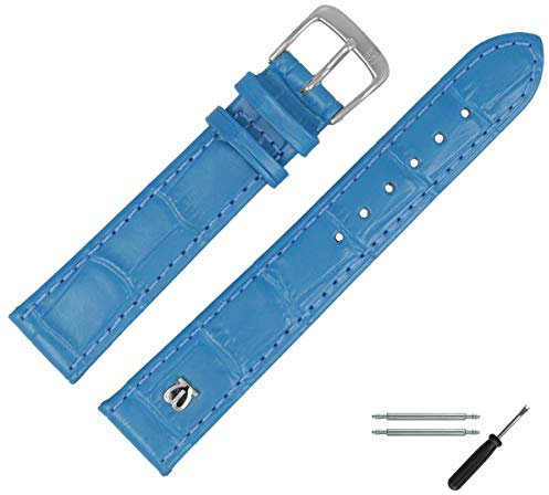 MARBURGER Uhrenarmband 14mm Leder Blau Silber Alligator Prägung Mit Naht - Montage Set 5281459000120