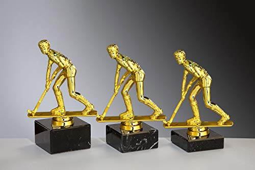 Henecka 🏑 Hockey Pokal Feldhockey, Hallenhockey Trophäe, Herren Hockey-Schraubfigur Spieler mit Hockeyschläger Gold, Marmorsockel schwarz, mit Wunschgravur, wählbar in 3 Größen oder als 3er-Serie