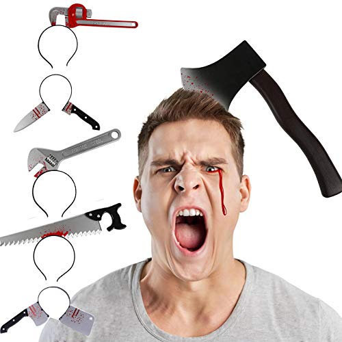 6PCS Halloween Costume Scary Weapon Headbands, Horror Photo Props Rubber Plastic Knife Axe Cleaver Scissor Headbands Through Head Zombie Accessories Makeup