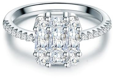 Trilani Damen Solitärring aus 925/- Sterling Silber mit Zirkonia Brillantschliff/Smaragd-Schliff Silberring Antragsring Verlobungsring