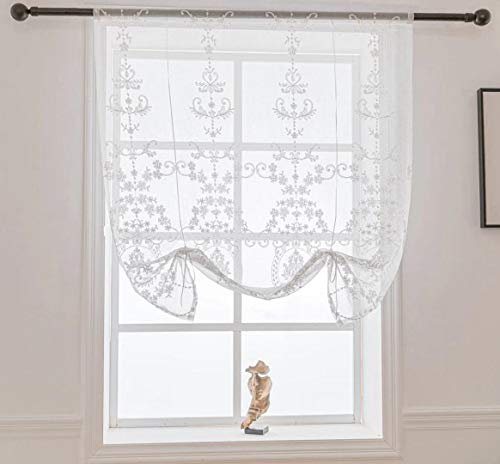 Lactraum Raffrollo Raffgardine Küche Weiß Tranparent Bestickt Vintage Klassische Voile 80 x 145 cm(B x H)