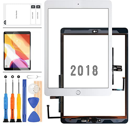 Numériseur pour iPad 9,7 2018/iPad 6 6ème génération A1893 A1954 Écran Tactile Pièces de Rechange (Pas LCD) Capteur Panneau en Verre avec Protecteur d'écran Gratuit + Outils de Réparation (Blanc avec
