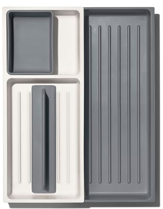 OXO Good Grips Expandable Kitchen Tool Drawer Organizer | Utensil Tray Ideal for Utensils & Small Tools, Adjustable Dividers, Kitchen Storage, Space Savers