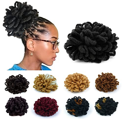 KGBFASS Loc Petal Bun Dreadlock Drawstring Pferdeschwanz Curly Faux Locs Braided Ponytail Clip in Chignon Scrunchies Hairpiece for Black Women Girls(Black)