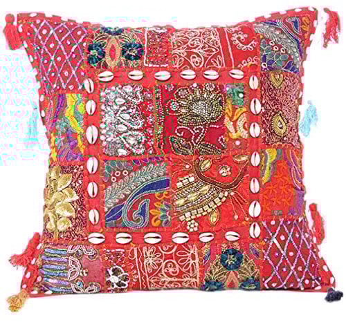 Eyes of India - Bunt Dekorative Sofa Überwurf Flickwerk Kissen Sofa Kissenbezug Schutzhülle Bohemian Akzent Indisch Boho Chic Handgefertigt Abdeckung - Rot, 20 X 20 in. (50 X 50 cm)