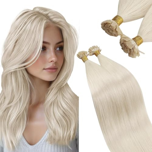 Ugeat Extensions Echthaar Bondings Platinblond Bondings Extensions Echthaar Blond Flat Tip Keratin Haarverlängerung Blond Remy Haare 40 cm 50S 50G