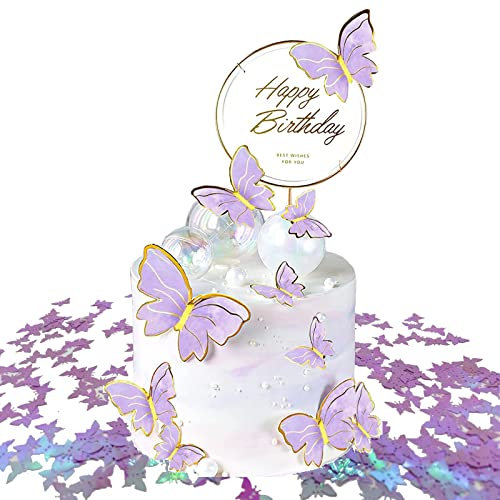 JSTC Tortendeko Schmetterlinge Kuchen Deko, 12 Stück Schmetterlinge Torten Deko, Happy Birthday Tortendeko Cake Topper Kuchendeko Für Geburtstag Mädchen Kindergeburtstag Geburtstagsdeko(Lila).