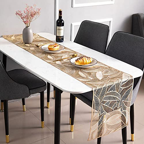 COMFEELING PVC-Tischläufer, hohles Blatt-Läufer für Esstisch, Küche, Heimdekoration, rutschfest, hitzebeständig, passend für 4–6 Sitzplätze, Dessertschals (Gold)