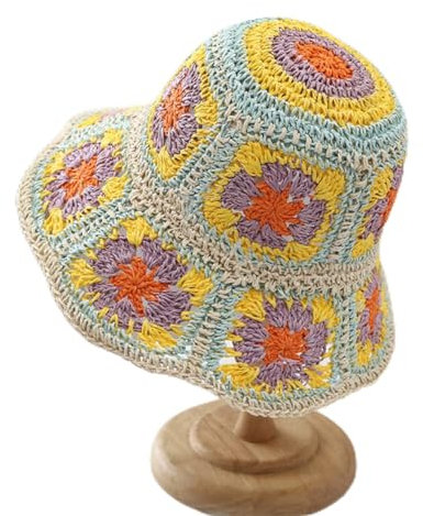 MAITONGG Fischerhut Herren Bucket Hats Gehäkelter Strand Strohhut Für Frauen Sommer Blumen Handgewebte Kappe Außerhalb Strand Sonnenhut Atmungsaktiver Strand