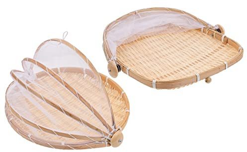 Yardenfun 2pcs Decorative Bamboo Baskets with Gauze Cover Multi-Purpose Household Storage BasketsFor Household Cleaning, Sturdy & Effective Dust Pan, Bamboo Sweeping Brush, Stylish & Sustainable Brush