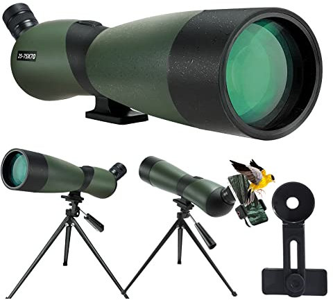25-75x70 Longue-Vue avec Trépied, Sac de Transport et Adaptateur pour Smartphone pour L'observation des Oiseaux Visite Safari Observation des Oiseaux étoiles Tir à l'arc Camping Faune Paysage