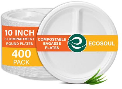 ECO SOUL Compostable White Paper Plates (25Cm) 10 Inch [400-Pack] 3 Compartment Heavy Duty Disposable Sugarcane Bagasse Dinner Plates | Eco Friendly Biodegradable Microwave Safe Party Plates