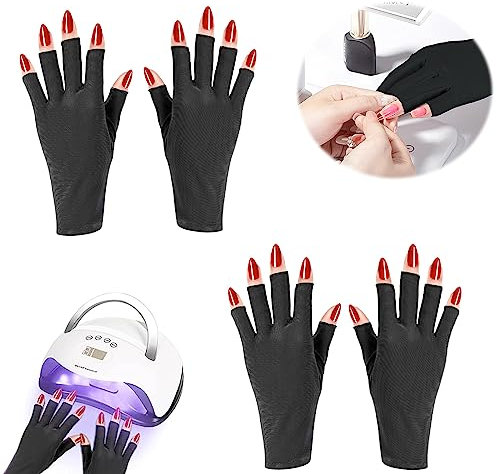 Pinkiou UV Handschuhe für Nägel - 2 Paar fingerlose Handschuhe für Maniküre, Nagelkunst und Hautpflege, Anti-UV-Schutz für Nagellack-Trockner, Schwarz, 20 x 8 cm