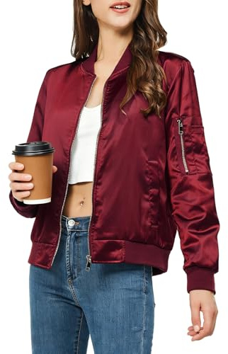 Rasujie Satin-Bomberjacke für Damen, Reißverschluss, Varsity-Jacke, Herbst, Windbreaker, Oberbekleidung mit Taschen