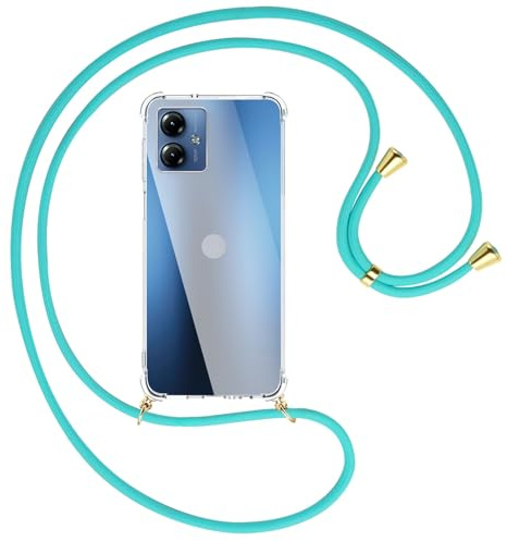 mtb more energy® Handykette kompatibel mit Motorola Moto G14 - türkis/Goldfarbene Ösen - Smartphone Hülle zum Umhängen - Anti Shock Full TPU Case