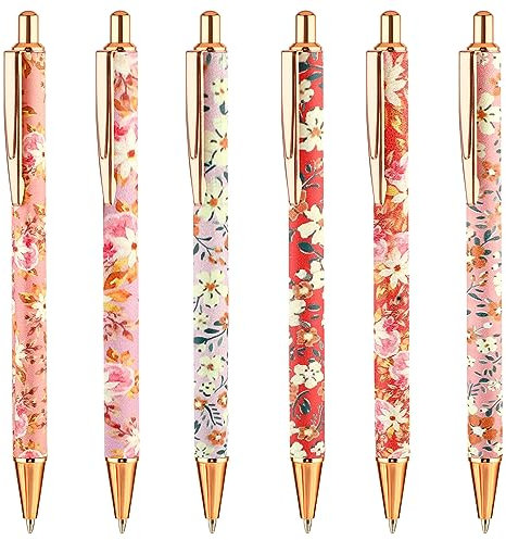 TIESOME Aesthetic Kugelschreiber, 6 Stück 1 mm Einziehbarer Blumen Kugelschreiber Gel Kugelschreiber mit schwarzer Tinte hübsche Stifte Glatte Schreibstifte Gelstift für Kollegen Bürogeschenke (A)